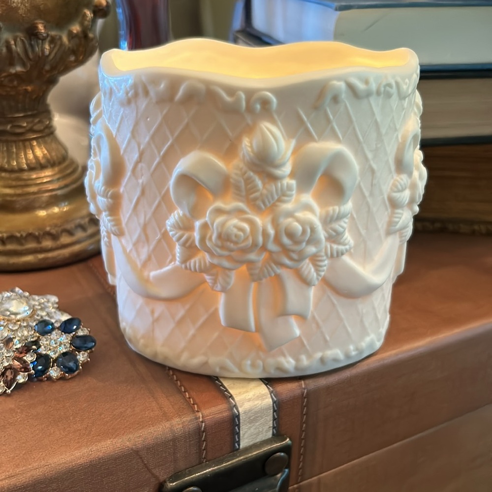 Bisque Candle Holder with Bow and Floral Design